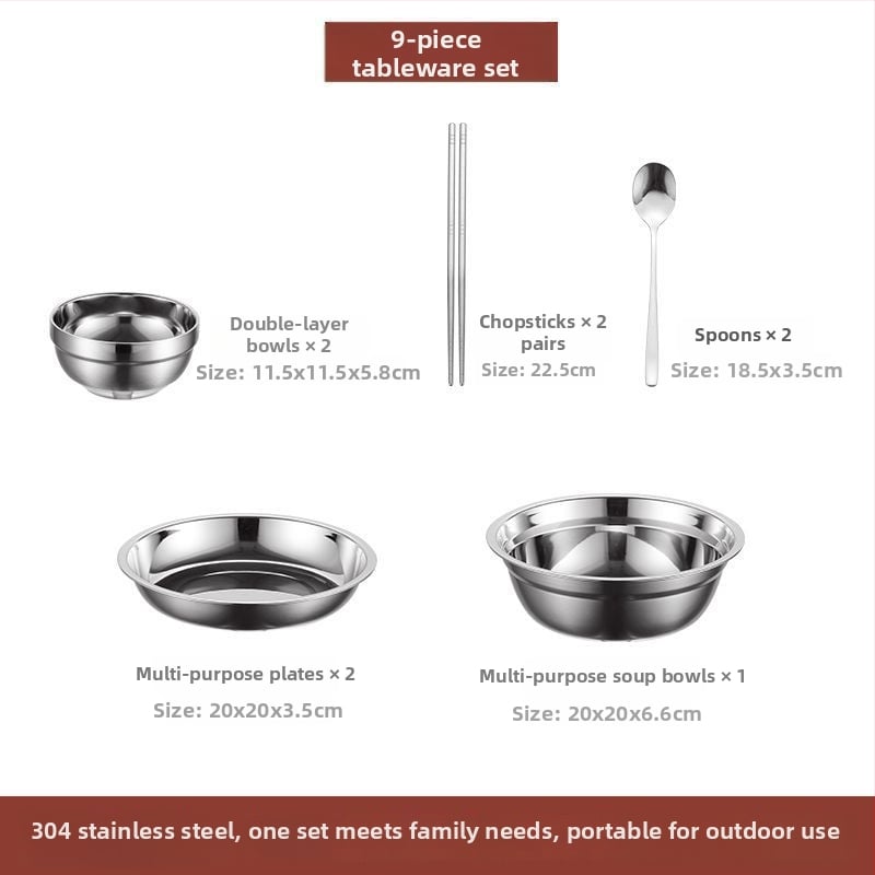 304 неръждаема стомана – комплект прибори за хранене със купи, чинии и клечки за хранене, преносим за къмпинг на открито