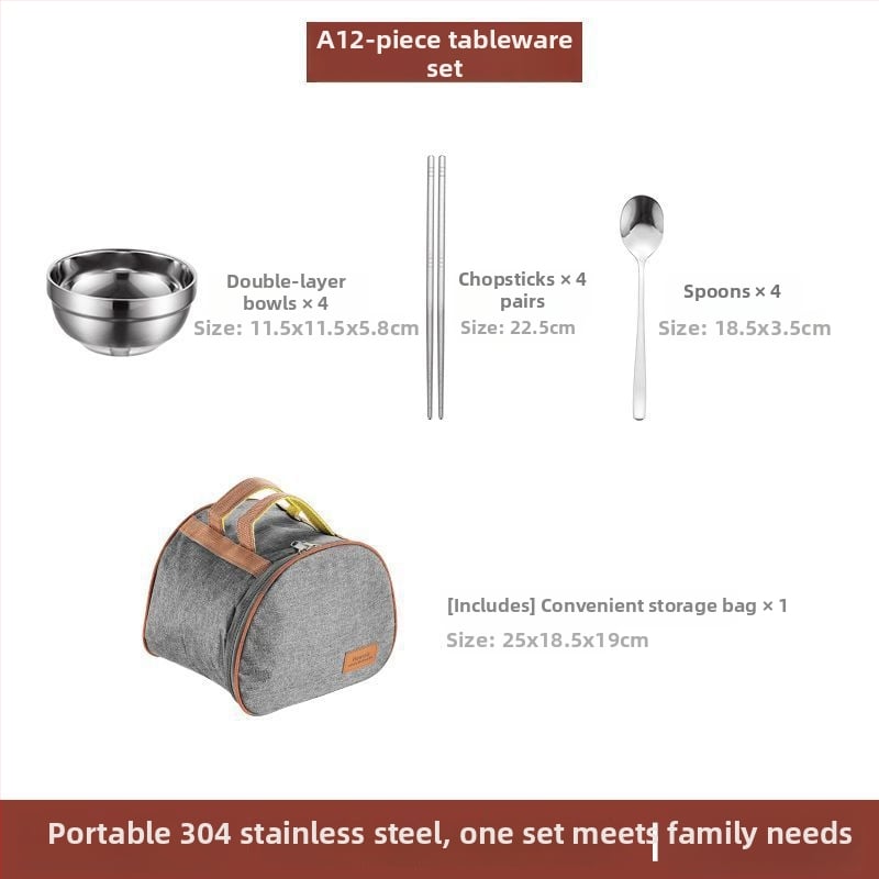 304 неръждаема стомана – комплект прибори за хранене със купи, чинии и клечки за хранене, преносим за къмпинг на открито
