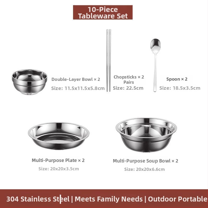 304 неръждаема стомана – комплект прибори за хранене със купи, чинии и клечки за хранене, преносим за къмпинг на открито