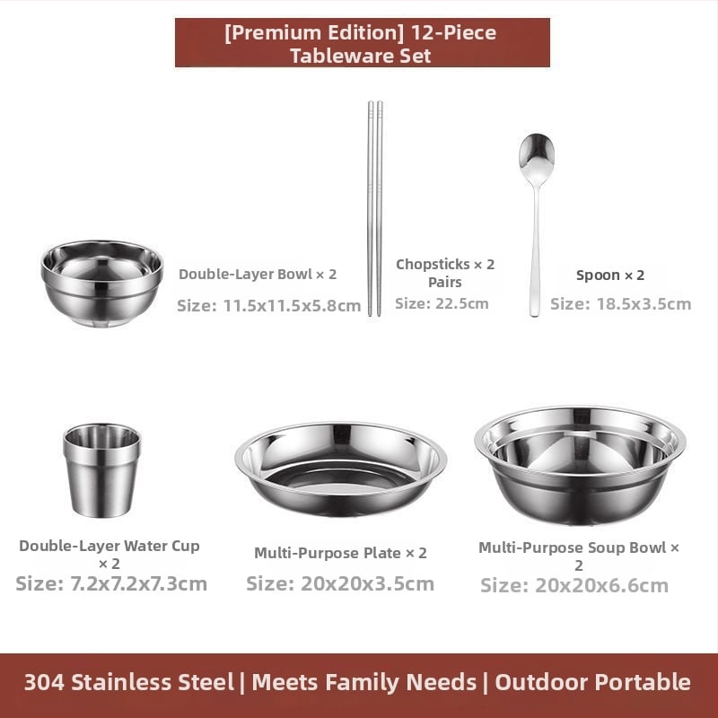 304 неръждаема стомана – комплект прибори за хранене със купи, чинии и клечки за хранене, преносим за къмпинг на открито