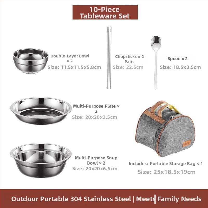 304 неръждаема стомана – комплект прибори за хранене със купи, чинии и клечки за хранене, преносим за къмпинг на открито