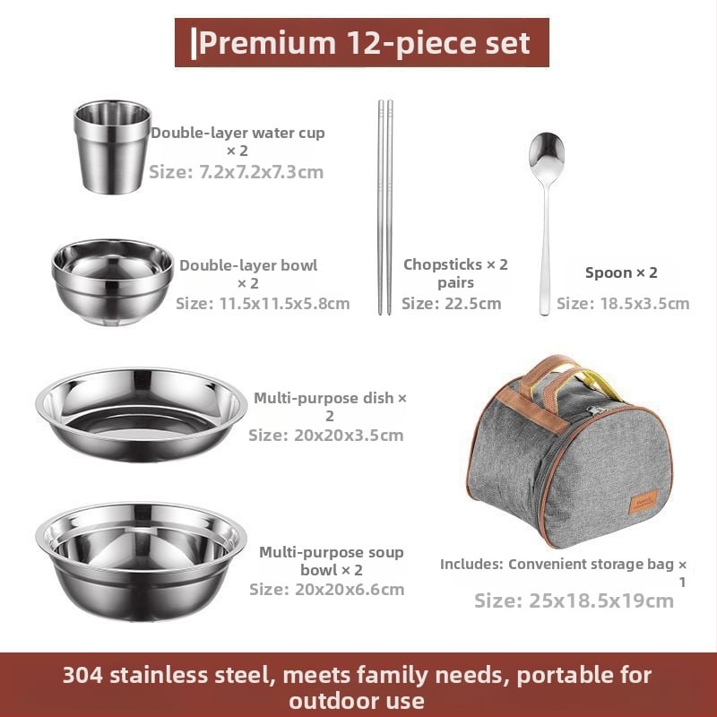 304 неръждаема стомана – комплект прибори за хранене със купи, чинии и клечки за хранене, преносим за къмпинг на открито