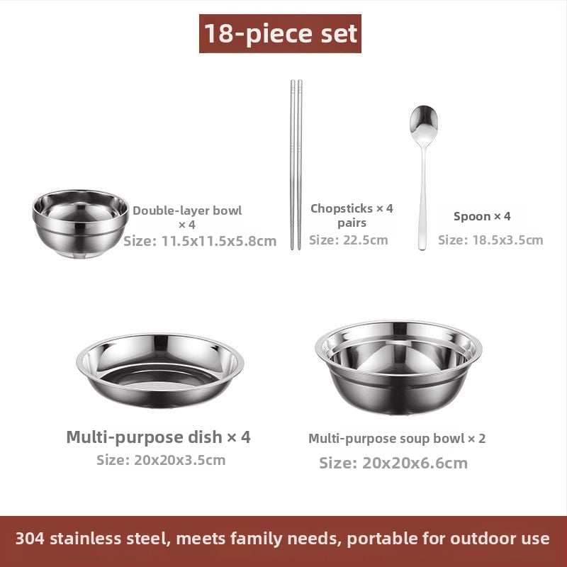 304 неръждаема стомана – комплект прибори за хранене със купи, чинии и клечки за хранене, преносим за къмпинг на открито