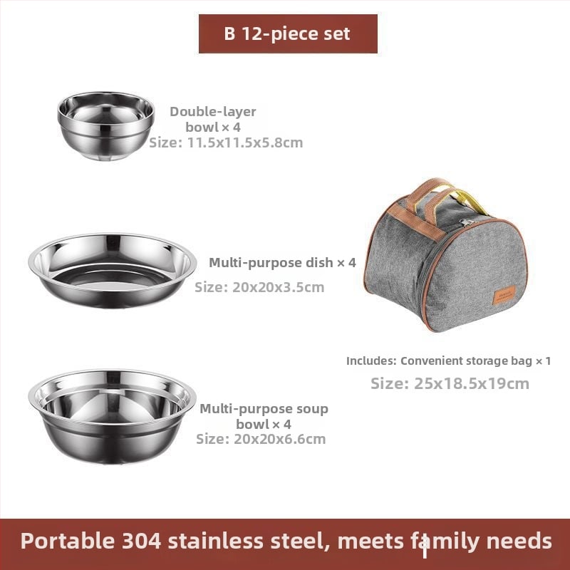 304 неръждаема стомана – комплект прибори за хранене със купи, чинии и клечки за хранене, преносим за къмпинг на открито