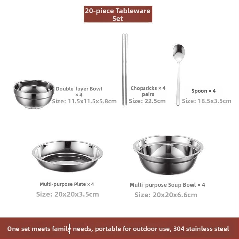 304 неръждаема стомана – комплект прибори за хранене със купи, чинии и клечки за хранене, преносим за къмпинг на открито