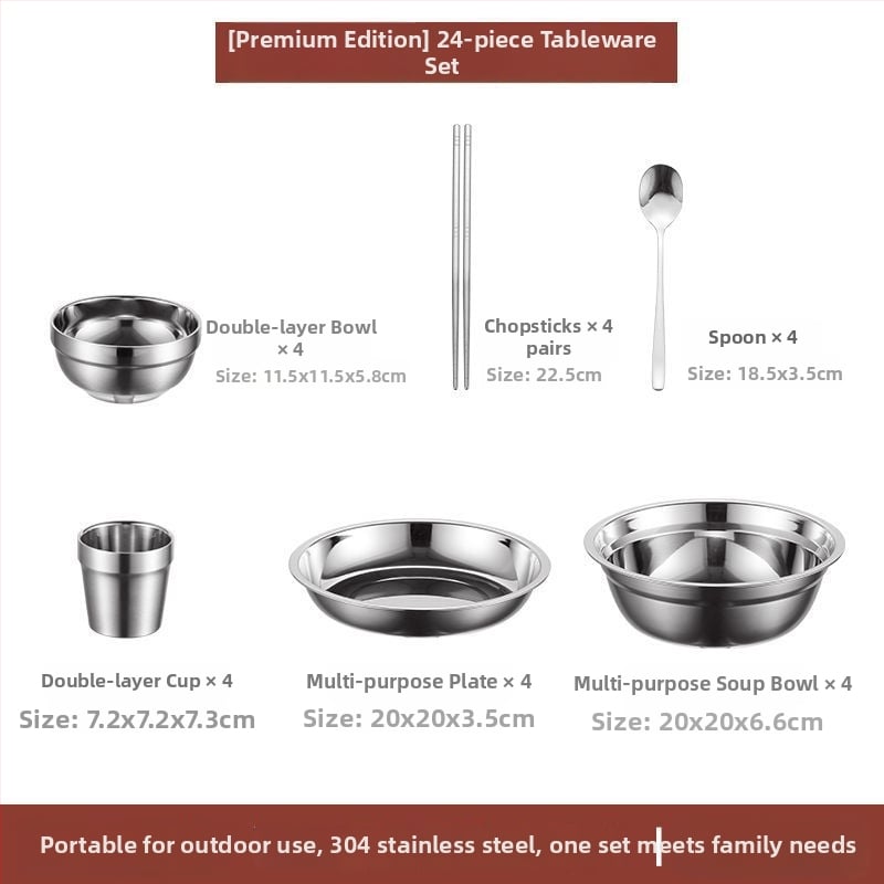 304 неръждаема стомана – комплект прибори за хранене със купи, чинии и клечки за хранене, преносим за къмпинг на открито