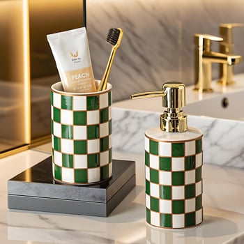 Porcelán fürdőszobai készlet, 2 darab: szappanadagoló és testápoló üveg; logónyomás elérhető; testre szabható