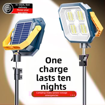 Lampă solară de urgență pentru tarabe și camping în aer liber — 2500 lm, ≤36V, Intrare 300W+, baterie litiu, Carcasă din aliaj de aluminiu