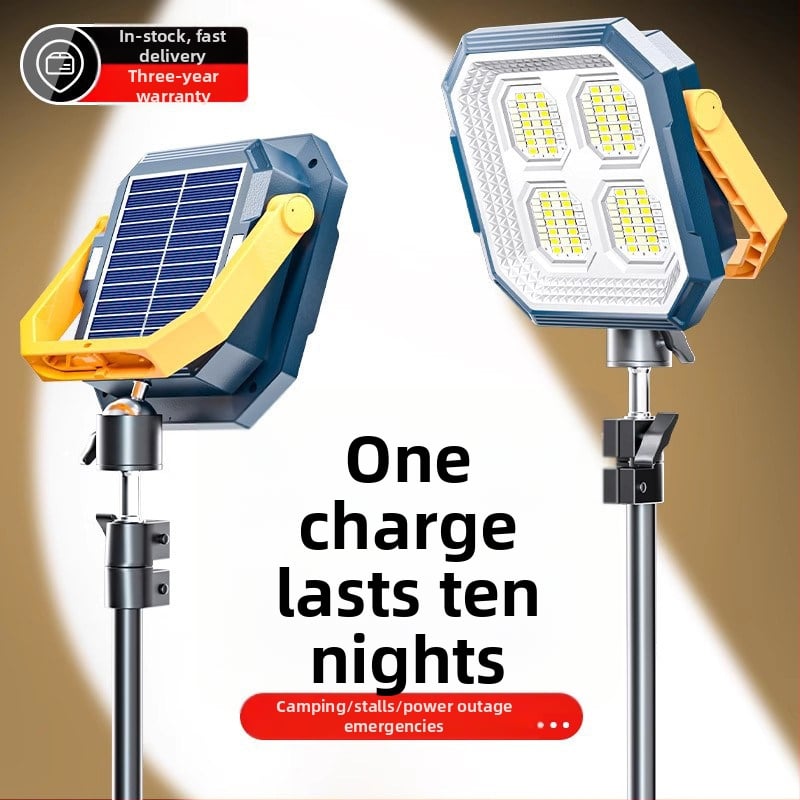 Lampă solară de urgență pentru tarabe și camping în aer liber — 2500 lm, ≤36V, Intrare 300W+, baterie litiu, Carcasă din aliaj de aluminiu