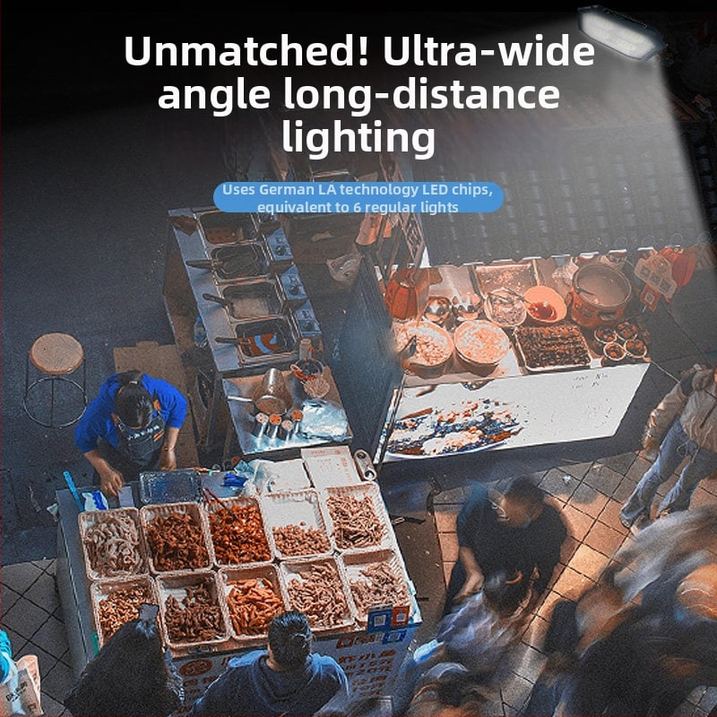 Lampă solară de urgență pentru tarabe și camping în aer liber — 2500 lm, ≤36V, Intrare 300W+, baterie litiu, Carcasă din aliaj de aluminiu