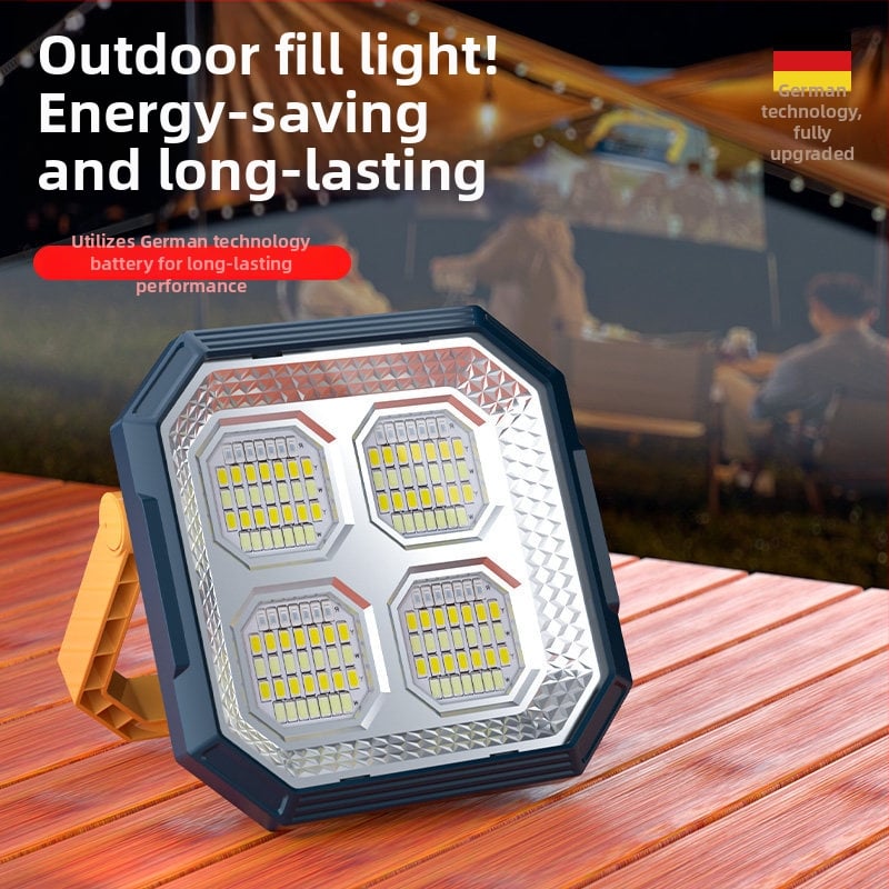 Lampă solară de urgență pentru tarabe și camping în aer liber — 2500 lm, ≤36V, Intrare 300W+, baterie litiu, Carcasă din aliaj de aluminiu