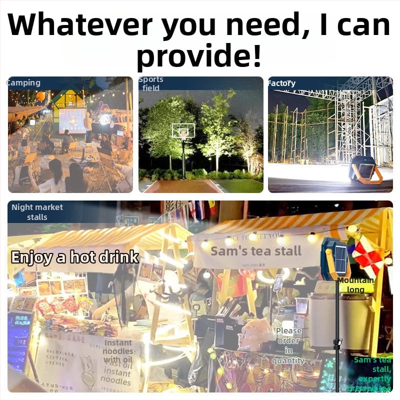 Lampă solară de urgență pentru tarabe și camping în aer liber — 2500 lm, ≤36V, Intrare 300W+, baterie litiu, Carcasă din aliaj de aluminiu