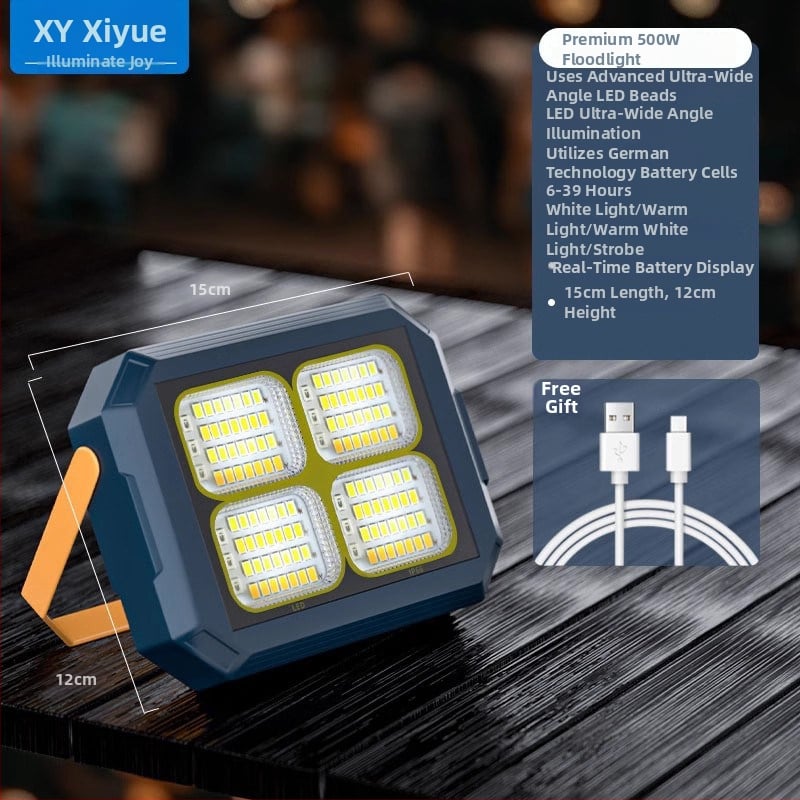 Lampă solară de urgență pentru tarabe și camping în aer liber — 2500 lm, ≤36V, Intrare 300W+, baterie litiu, Carcasă din aliaj de aluminiu