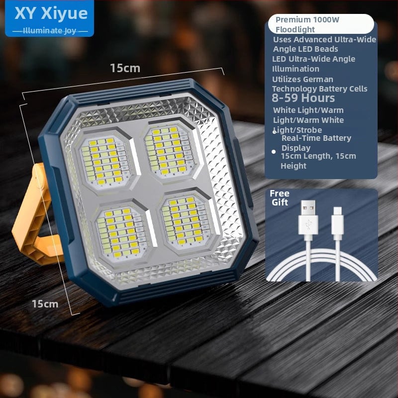 Lampă solară de urgență pentru tarabe și camping în aer liber — 2500 lm, ≤36V, Intrare 300W+, baterie litiu, Carcasă din aliaj de aluminiu