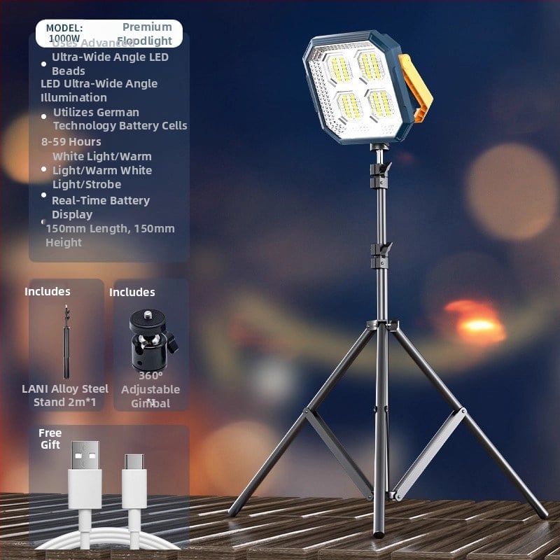 Lampă solară de urgență pentru tarabe și camping în aer liber — 2500 lm, ≤36V, Intrare 300W+, baterie litiu, Carcasă din aliaj de aluminiu