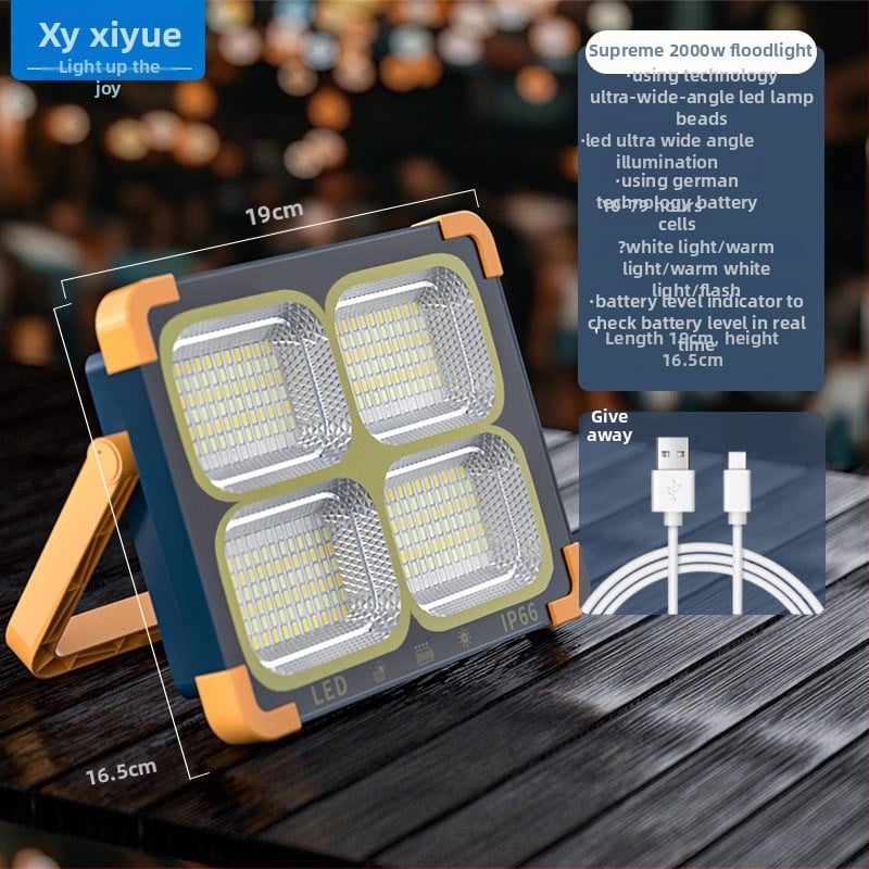 Lampă solară de urgență pentru tarabe și camping în aer liber — 2500 lm, ≤36V, Intrare 300W+, baterie litiu, Carcasă din aliaj de aluminiu