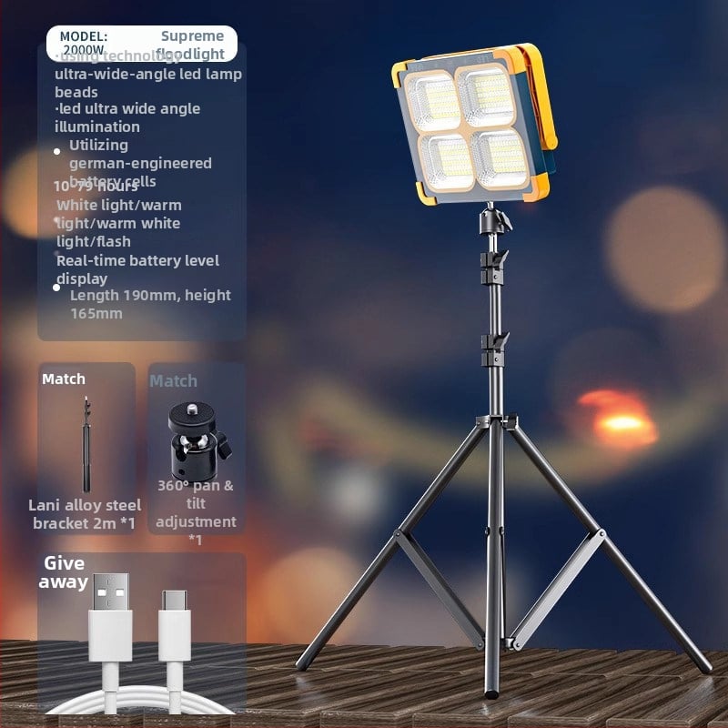 Lampă solară de urgență pentru tarabe și camping în aer liber — 2500 lm, ≤36V, Intrare 300W+, baterie litiu, Carcasă din aliaj de aluminiu