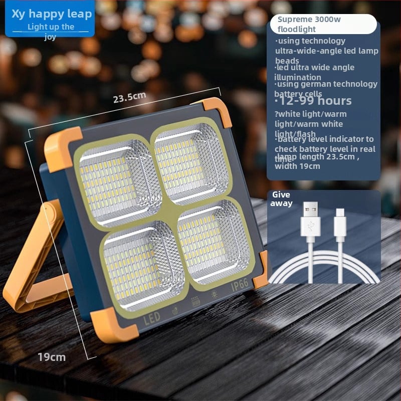 Lampă solară de urgență pentru tarabe și camping în aer liber — 2500 lm, ≤36V, Intrare 300W+, baterie litiu, Carcasă din aliaj de aluminiu