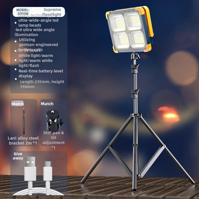 Lampă solară de urgență pentru tarabe și camping în aer liber — 2500 lm, ≤36V, Intrare 300W+, baterie litiu, Carcasă din aliaj de aluminiu