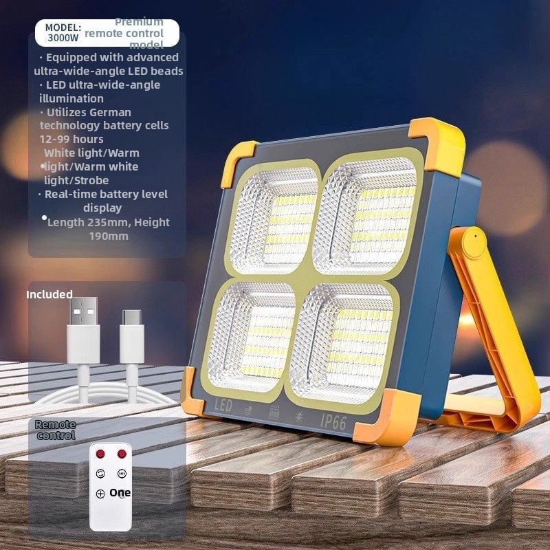 Lampă solară de urgență pentru tarabe și camping în aer liber — 2500 lm, ≤36V, Intrare 300W+, baterie litiu, Carcasă din aliaj de aluminiu