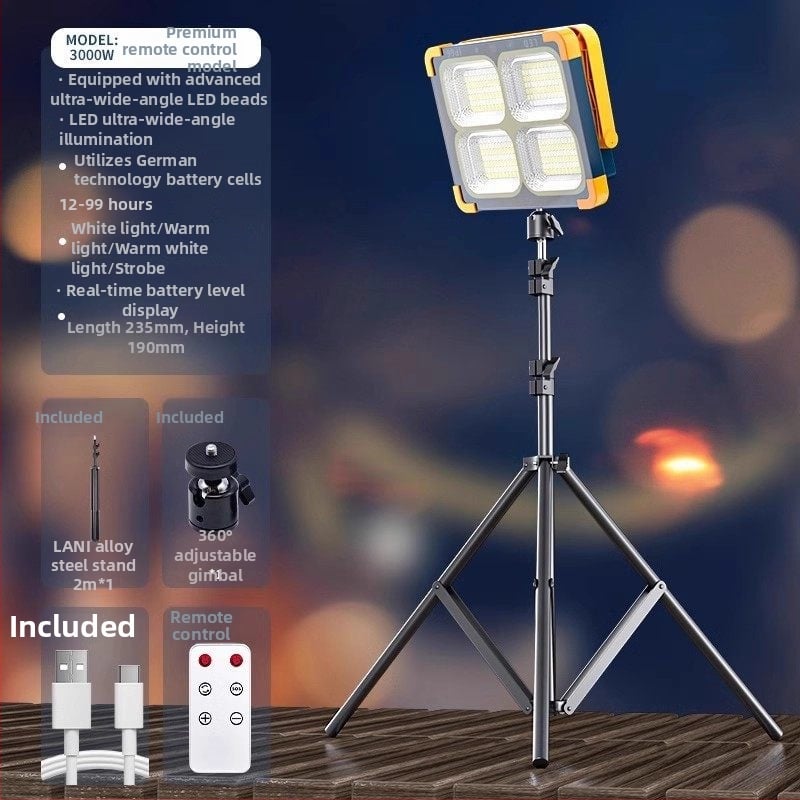 Lampă solară de urgență pentru tarabe și camping în aer liber — 2500 lm, ≤36V, Intrare 300W+, baterie litiu, Carcasă din aliaj de aluminiu