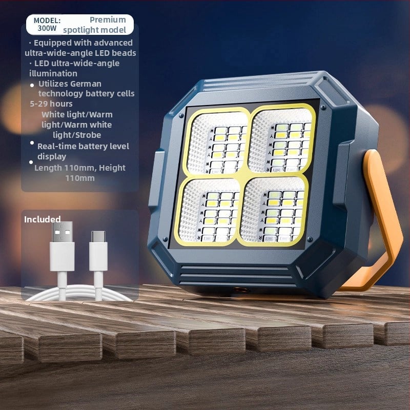 Lampă solară de urgență pentru tarabe și camping în aer liber — 2500 lm, ≤36V, Intrare 300W+, baterie litiu, Carcasă din aliaj de aluminiu