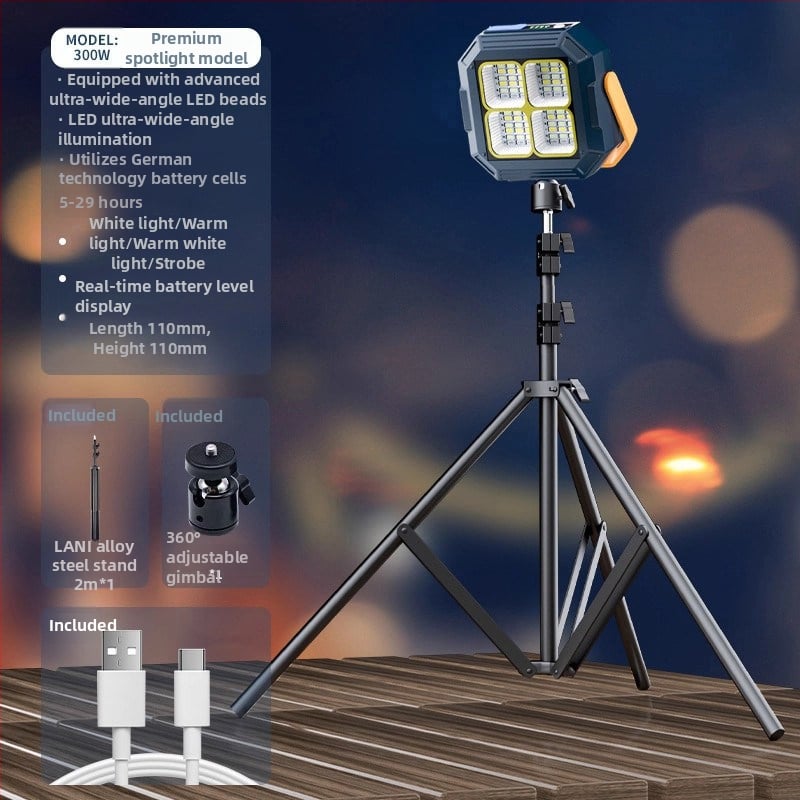 Lampă solară de urgență pentru tarabe și camping în aer liber — 2500 lm, ≤36V, Intrare 300W+, baterie litiu, Carcasă din aliaj de aluminiu