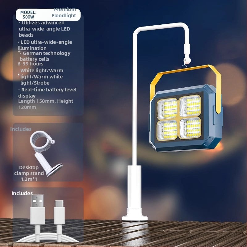 Lampă solară de urgență pentru tarabe și camping în aer liber — 2500 lm, ≤36V, Intrare 300W+, baterie litiu, Carcasă din aliaj de aluminiu