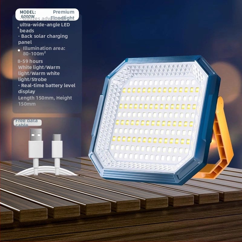 Lampă solară de urgență pentru tarabe și camping în aer liber — 2500 lm, ≤36V, Intrare 300W+, baterie litiu, Carcasă din aliaj de aluminiu