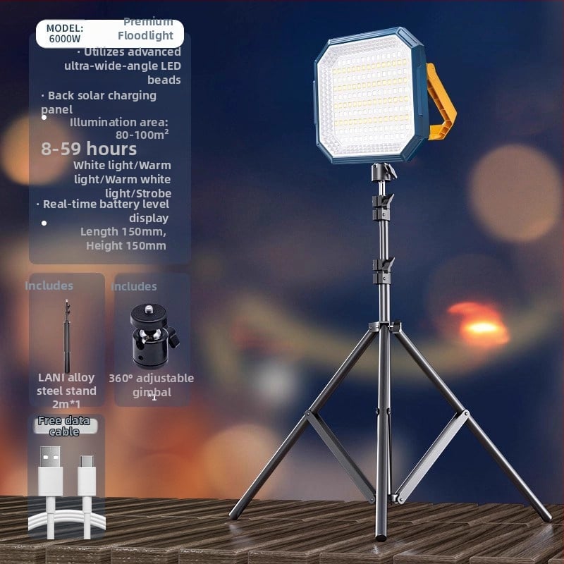 Lampă solară de urgență pentru tarabe și camping în aer liber — 2500 lm, ≤36V, Intrare 300W+, baterie litiu, Carcasă din aliaj de aluminiu