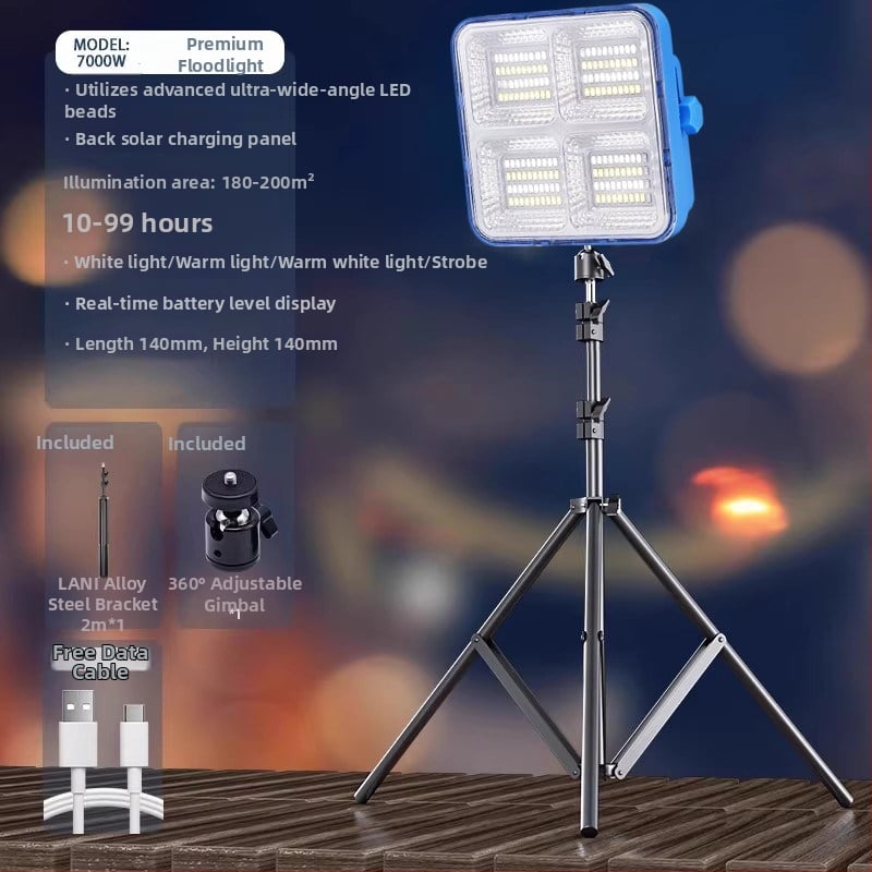 Lampă solară de urgență pentru tarabe și camping în aer liber — 2500 lm, ≤36V, Intrare 300W+, baterie litiu, Carcasă din aliaj de aluminiu