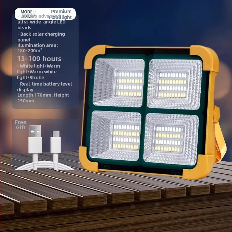 Lampă solară de urgență pentru tarabe și camping în aer liber — 2500 lm, ≤36V, Intrare 300W+, baterie litiu, Carcasă din aliaj de aluminiu