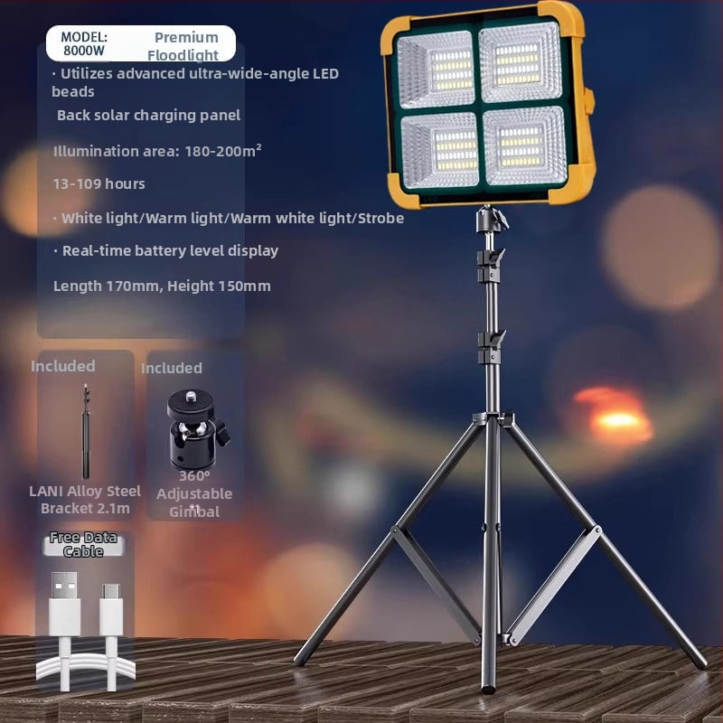 Lampă solară de urgență pentru tarabe și camping în aer liber — 2500 lm, ≤36V, Intrare 300W+, baterie litiu, Carcasă din aliaj de aluminiu