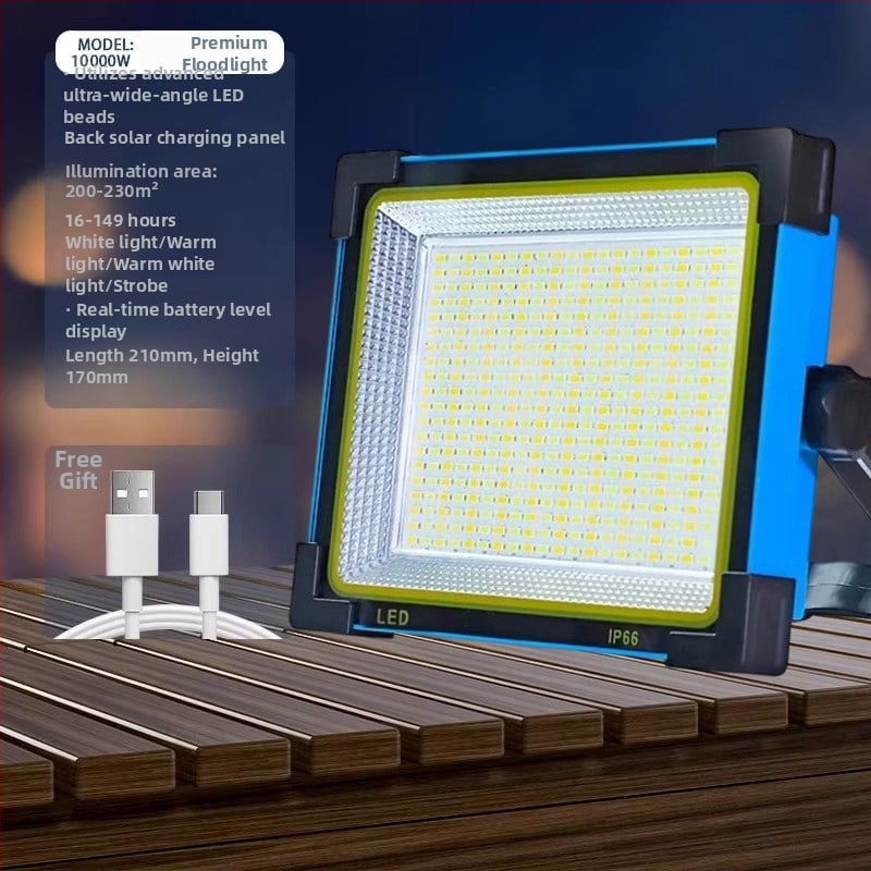 Lampă solară de urgență pentru tarabe și camping în aer liber — 2500 lm, ≤36V, Intrare 300W+, baterie litiu, Carcasă din aliaj de aluminiu