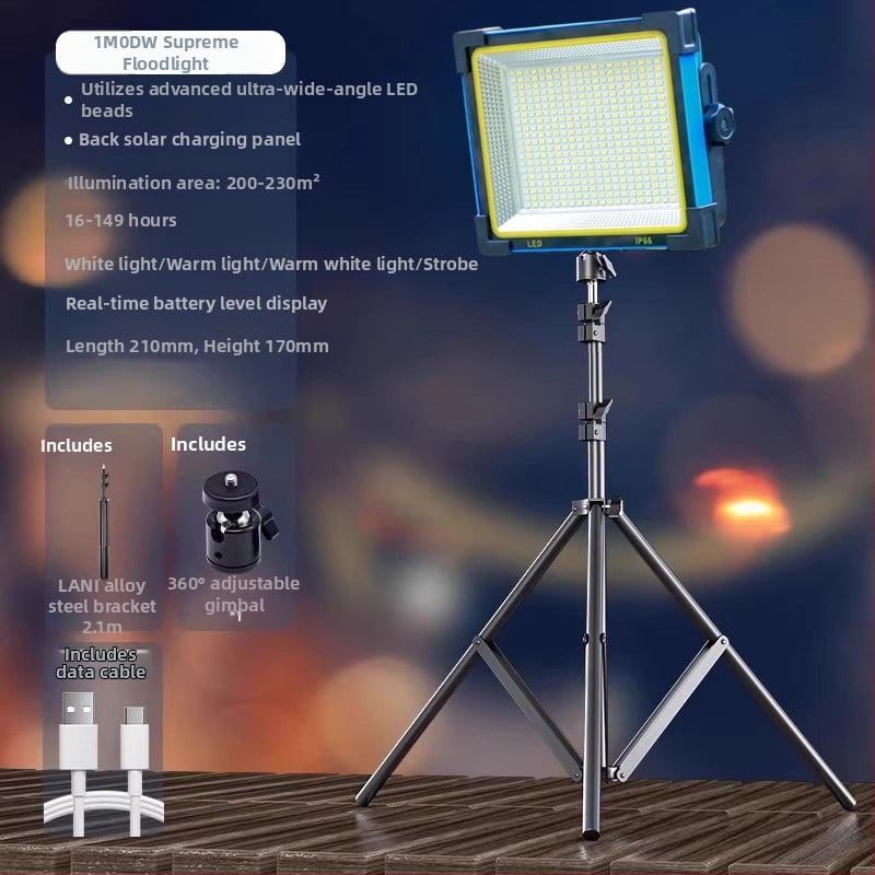 Lampă solară de urgență pentru tarabe și camping în aer liber — 2500 lm, ≤36V, Intrare 300W+, baterie litiu, Carcasă din aliaj de aluminiu