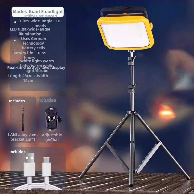 Lampă solară de urgență pentru tarabe și camping în aer liber — 2500 lm, ≤36V, Intrare 300W+, baterie litiu, Carcasă din aliaj de aluminiu