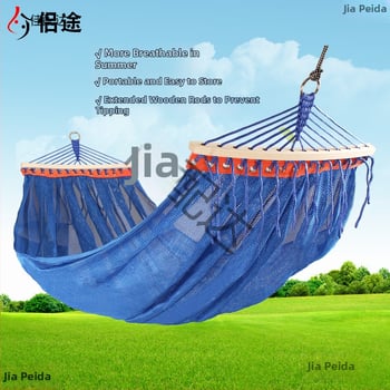 Kültéri, légáteresztő hálós függőágy kempingezéshez, tartóelem nélkül; felületi anyag: pamut/nylon zsinór.