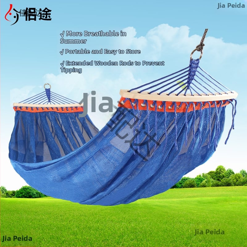 Kültéri, légáteresztő hálós függőágy kempingezéshez, tartóelem nélkül; felületi anyag: pamut/nylon zsinór.