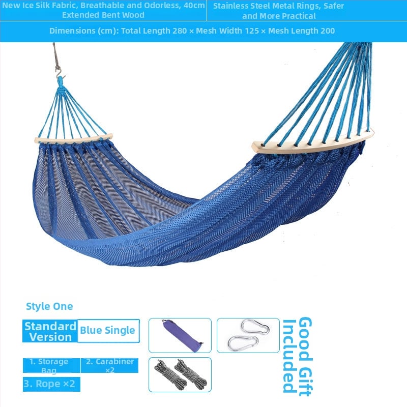 Kültéri, légáteresztő hálós függőágy kempingezéshez, tartóelem nélkül; felületi anyag: pamut/nylon zsinór.