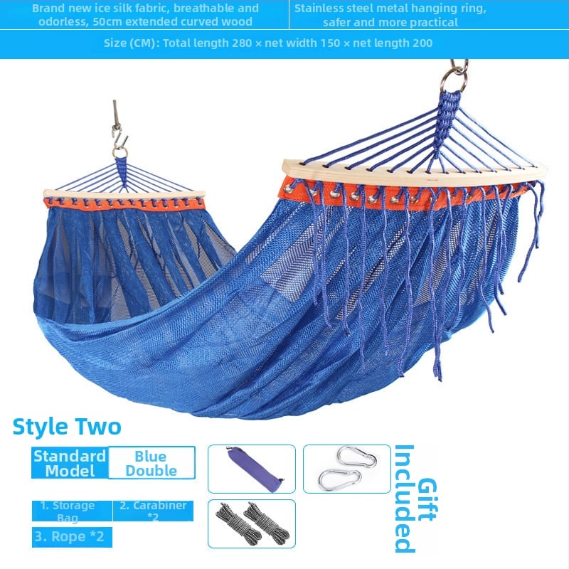 Kültéri, légáteresztő hálós függőágy kempingezéshez, tartóelem nélkül; felületi anyag: pamut/nylon zsinór.