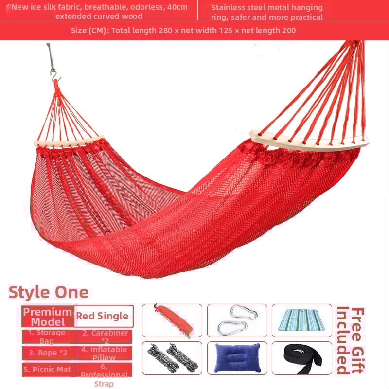 Kültéri, légáteresztő hálós függőágy kempingezéshez, tartóelem nélkül; felületi anyag: pamut/nylon zsinór.