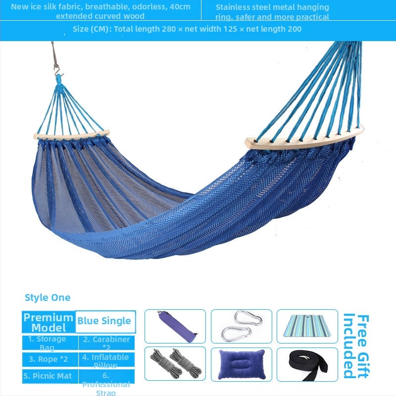 Kültéri, légáteresztő hálós függőágy kempingezéshez, tartóelem nélkül; felületi anyag: pamut/nylon zsinór.