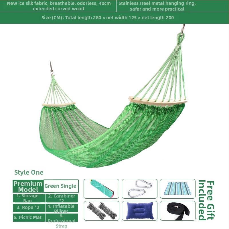 Kültéri, légáteresztő hálós függőágy kempingezéshez, tartóelem nélkül; felületi anyag: pamut/nylon zsinór.