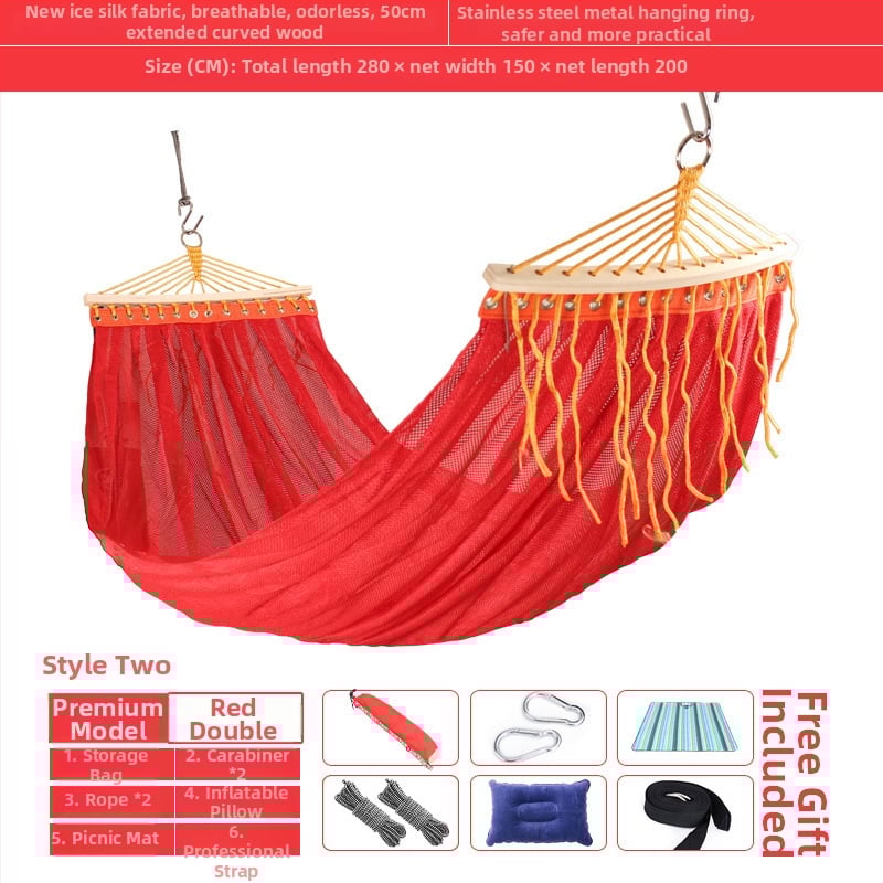 Kültéri, légáteresztő hálós függőágy kempingezéshez, tartóelem nélkül; felületi anyag: pamut/nylon zsinór.