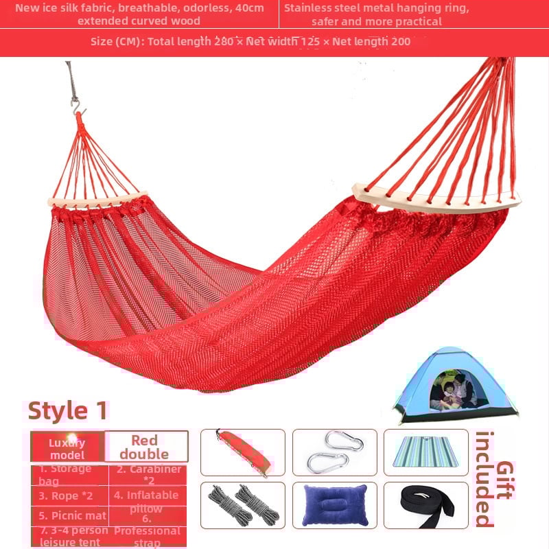 Kültéri, légáteresztő hálós függőágy kempingezéshez, tartóelem nélkül; felületi anyag: pamut/nylon zsinór.