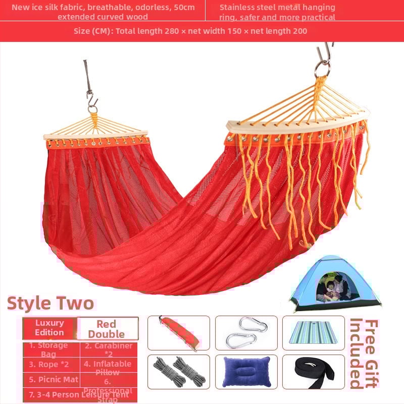 Kültéri, légáteresztő hálós függőágy kempingezéshez, tartóelem nélkül; felületi anyag: pamut/nylon zsinór.