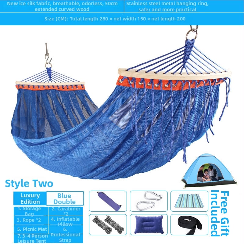 Kültéri, légáteresztő hálós függőágy kempingezéshez, tartóelem nélkül; felületi anyag: pamut/nylon zsinór.