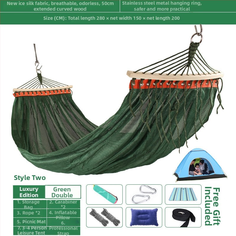 Kültéri, légáteresztő hálós függőágy kempingezéshez, tartóelem nélkül; felületi anyag: pamut/nylon zsinór.