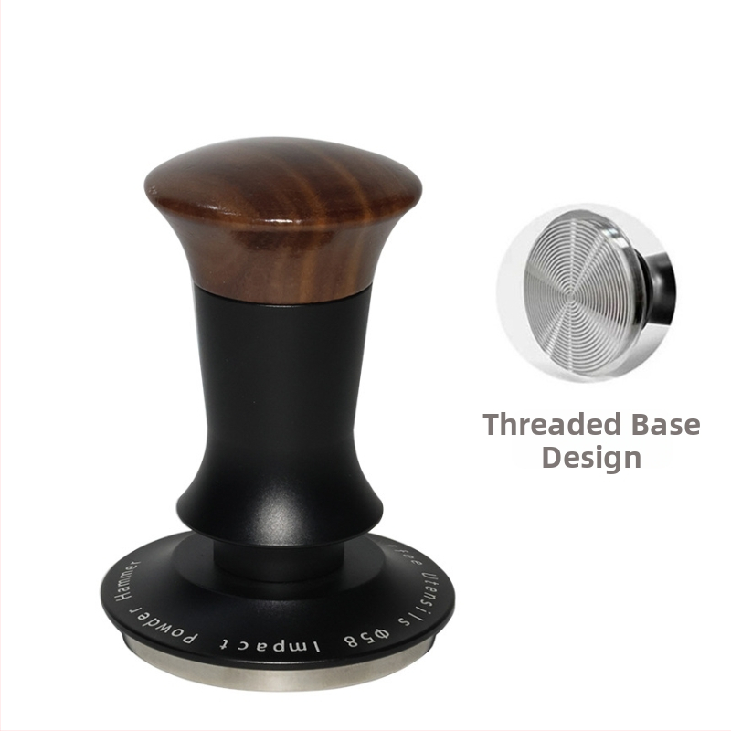 Kávový tampón pre poloautomatické espresso stroje – orechové drevo, hliník a nerezová oceľ; dizajn s vyvažovaním tlaku