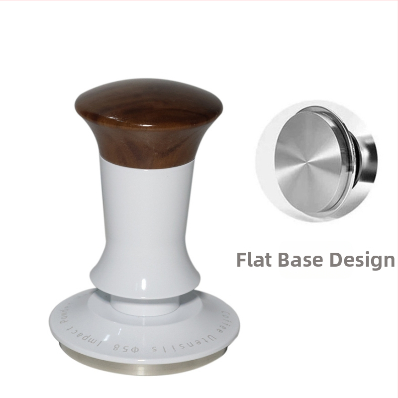 Kávový tampón pre poloautomatické espresso stroje – orechové drevo, hliník a nerezová oceľ; dizajn s vyvažovaním tlaku